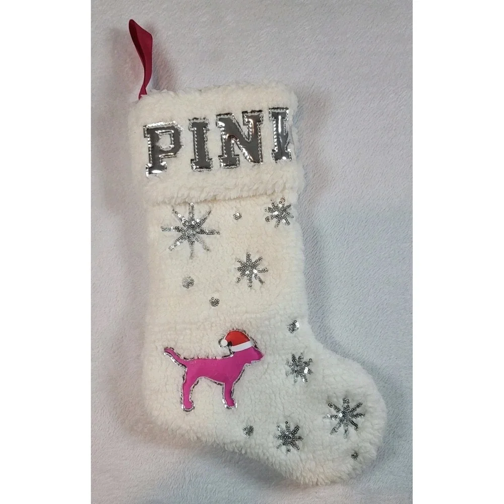 Victoria Secrets PINK White Fleece Sequins Dog Christmas Stocking Pet